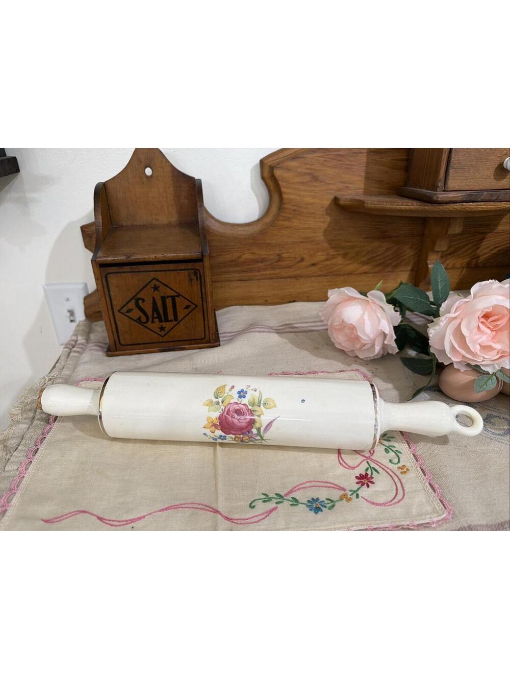VTG 1930s Harker Pottery Ceramic Rolling Pin Amy Rose Floral Pastry Dough Roller - Picture 1 of 8